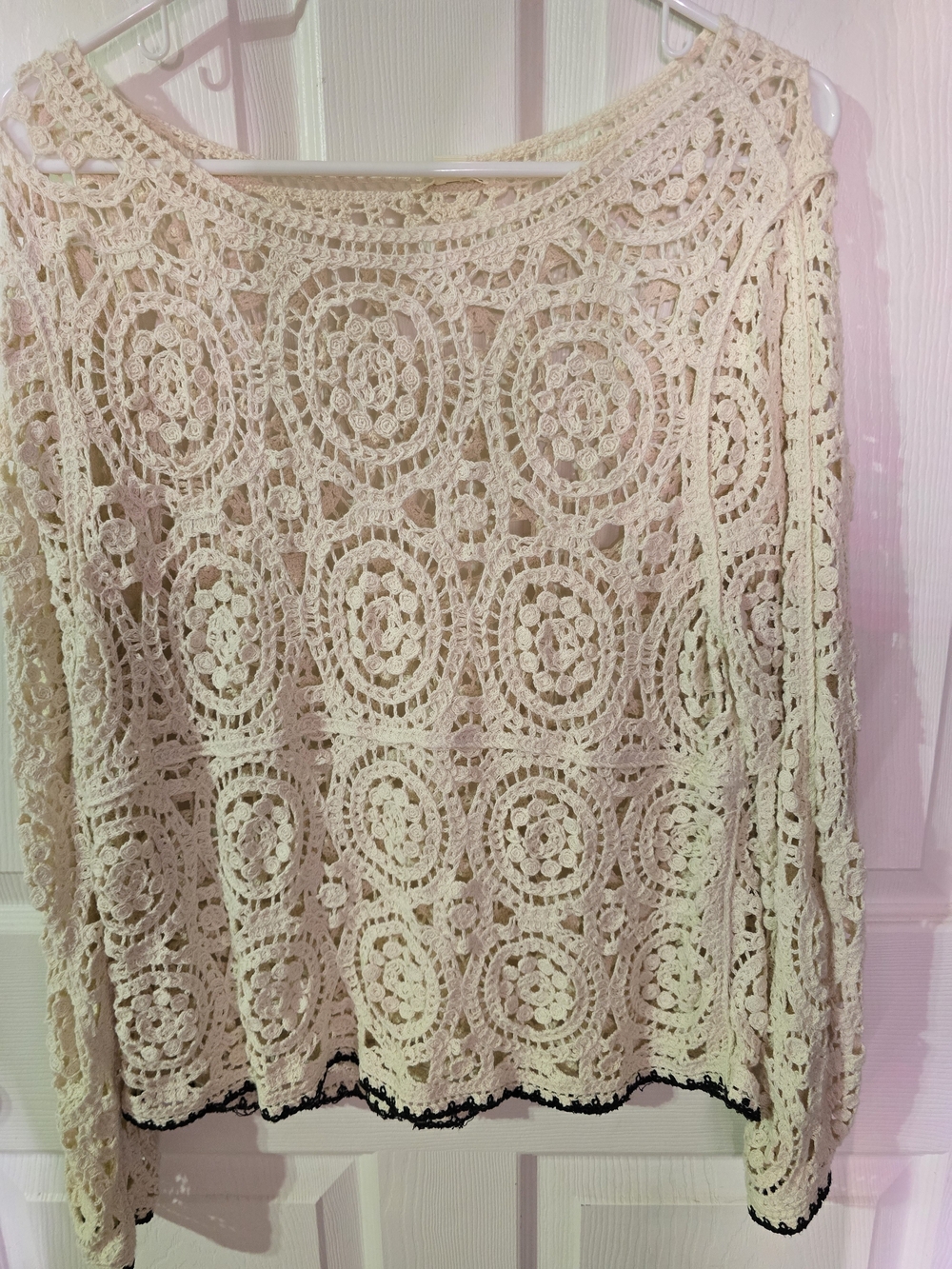 Ultra Pink Crochet Lace Boatneck Sweater Top - Cream